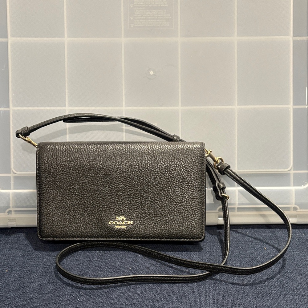 COACH Black Pebbled Leather Crossbody Bag with Gold Logo